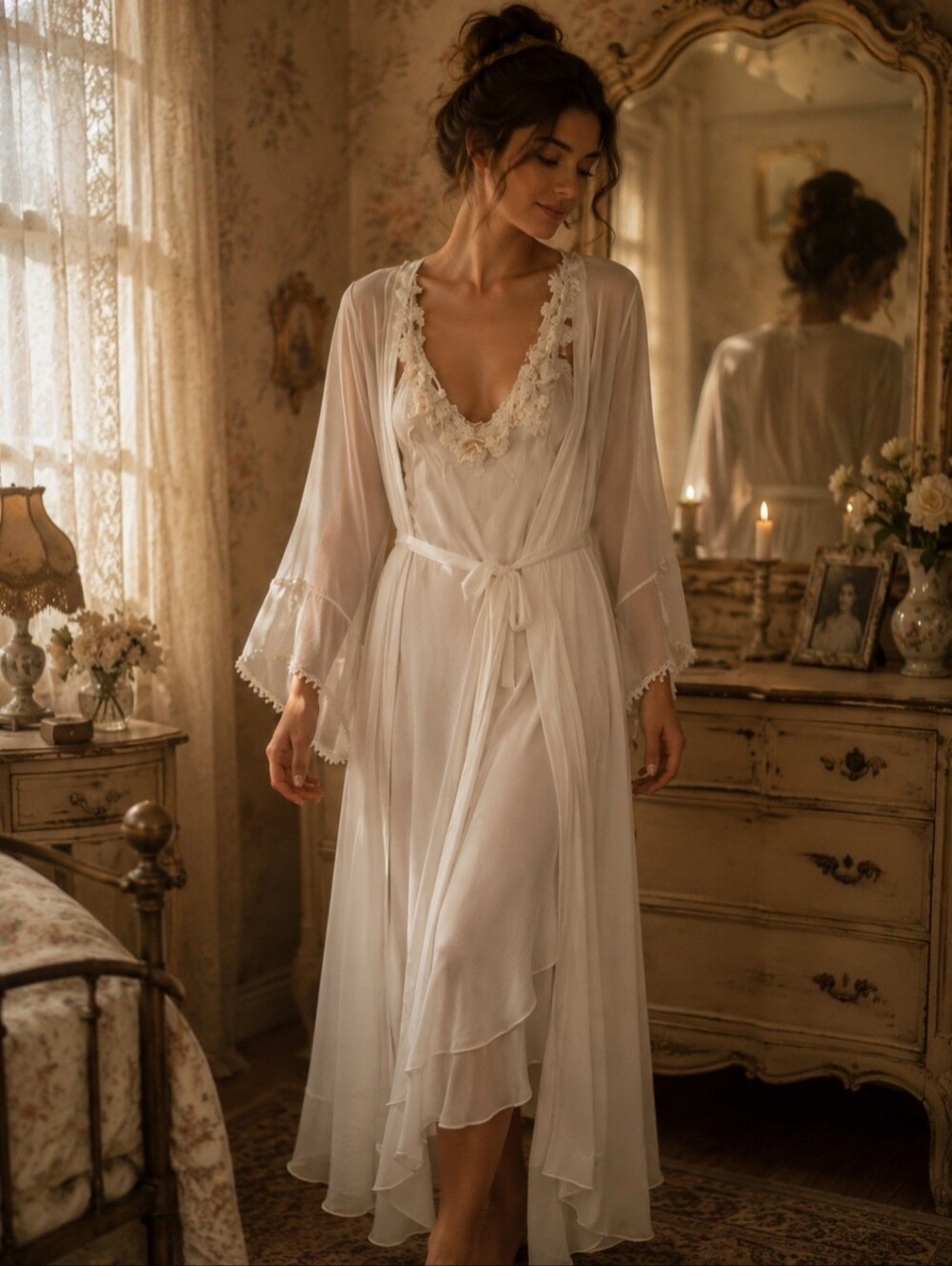 Vintage Flora Nikrooz Two-Piece White Lace Nightgown Sheer Robe Set Bell sleeve